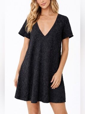 Show Me Your Mumu Black Textured Mini Dress 2X | Floral Jacquard V-Neck Flowy